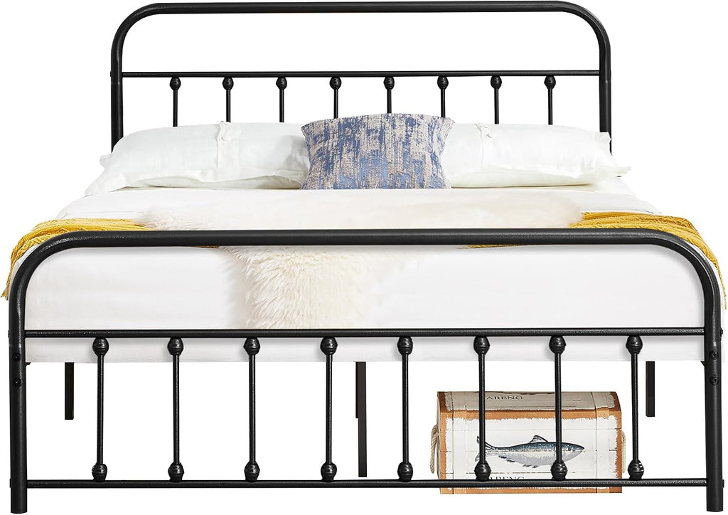 VECELO Full Size Victorian Style Metal Bed Frame with Headboard Classic Metal Platform Bed Frame Mattress Foundation with Footboard/Under Bed Storage/No Box Spring Black