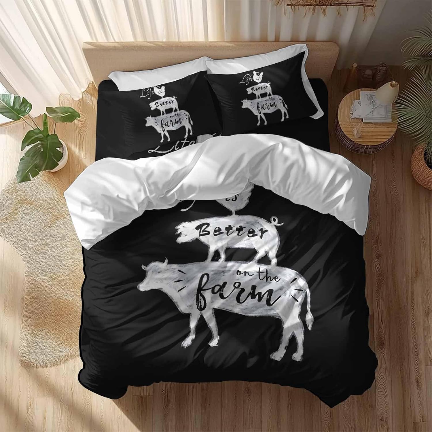 Prime Leader Retro Farm Duvet Cover Set Queen Size 4 Pieces Chicken Pig Cow Farmhouse Animal Black White Bedding Set with Zipper Closure, 1 Comforter Cover 92x106 Inches 1 Flat Sheet & 2 Pillow Cases