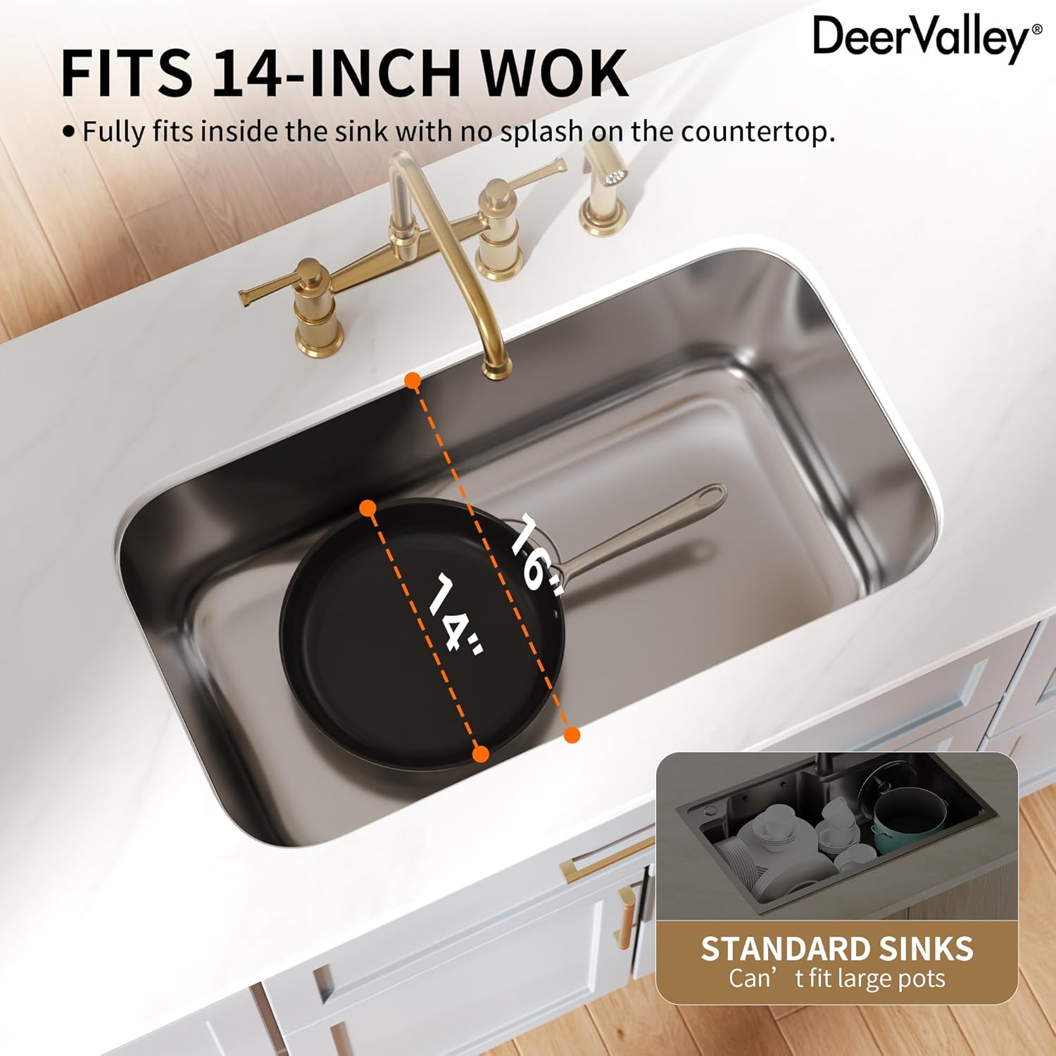 DeerValley 32 Inch Undermount Kitchen Sink 18 Gauge Stainless Steel Kitchen Sink Spacious Single Bowl Sinks with Basket Strainer Curved Shape Round Corner Deep Sinks for Modern Kitchens