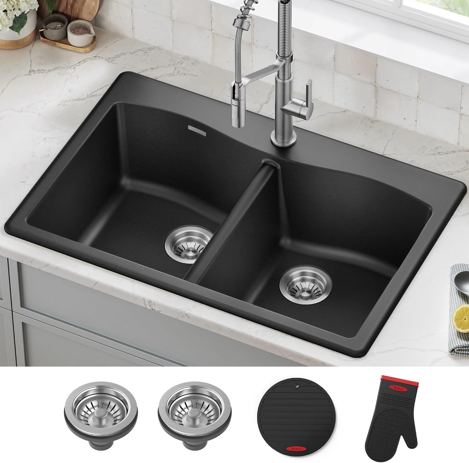 KRAUS Forteza 33-inch Drop in/Undermount 50/50 Double Bowl Granite Kitchen Sink in Black, KGD-52BLACK