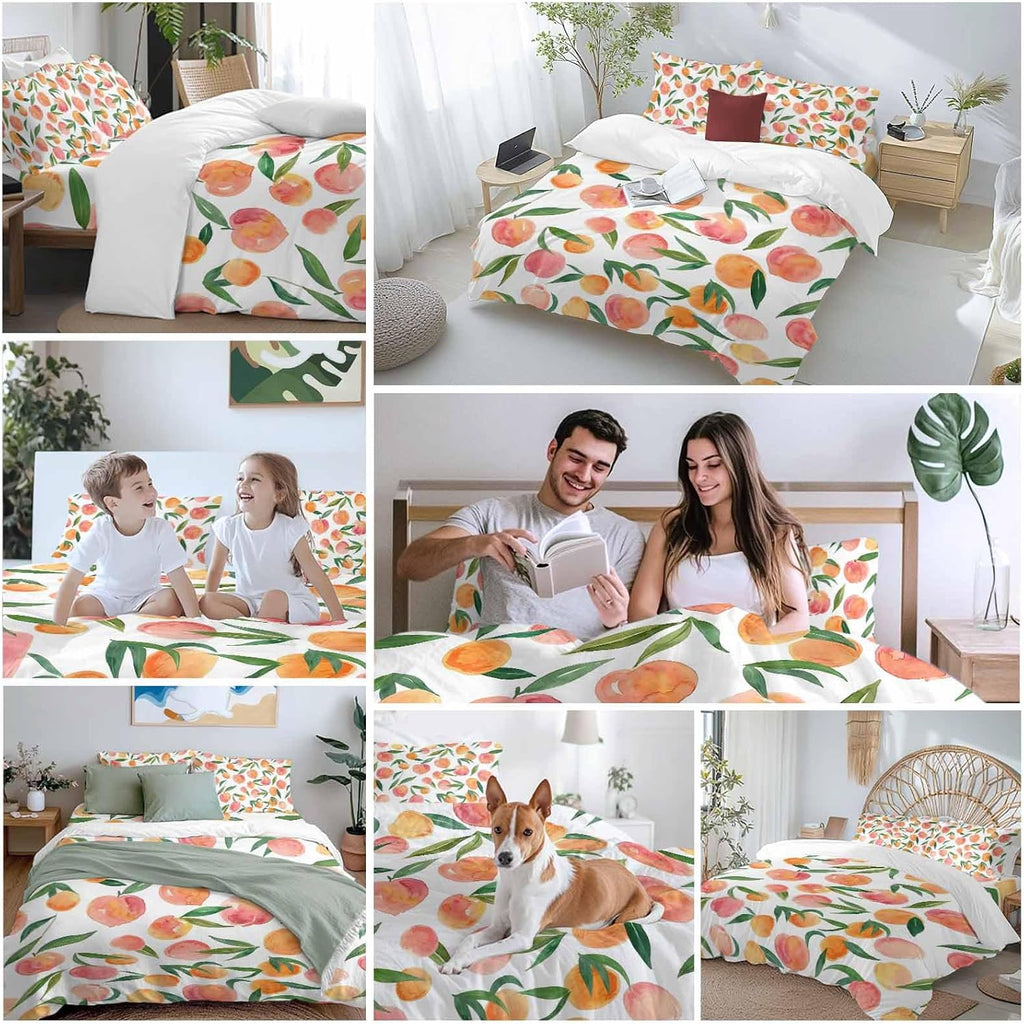 Peaches Watercolor Duvet Cover Set Queen Size 4 Pieces Pink Fruit Green Leaf Gradient Abstract Bedding Set with Zipper Closure, 1 Comforter Cover 92x106 Inches 1 Flat Sheet & 2 Pillow Cases