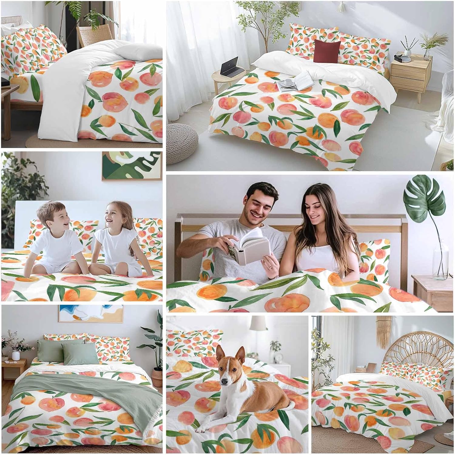 Peaches Watercolor Duvet Cover Set Queen Size 4 Pieces Pink Fruit Green Leaf Gradient Abstract Bedding Set with Zipper Closure, 1 Comforter Cover 92x106 Inches 1 Flat Sheet & 2 Pillow Cases