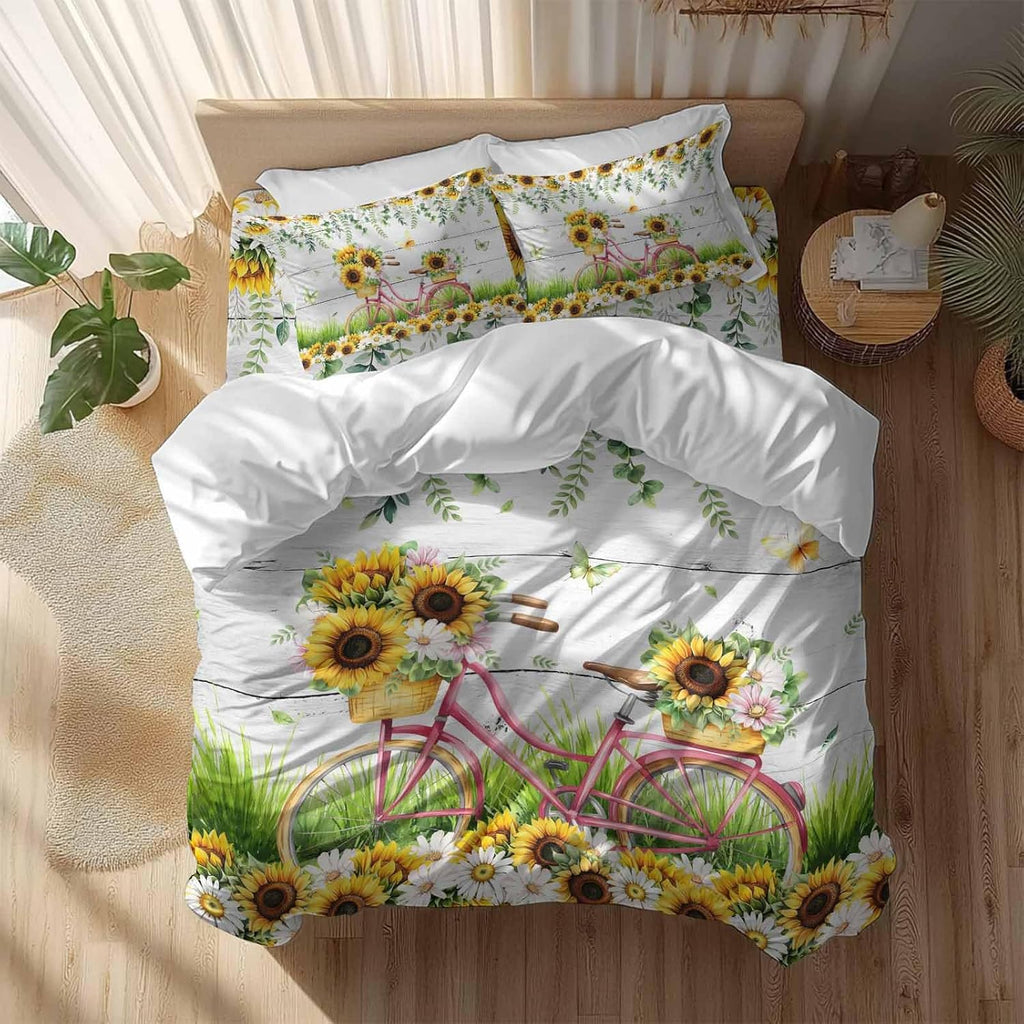 Spring Floral Duvet Cover Set Queen Size 4 Pieces Sunflower Daisy Bike Eucalyptus Leaves Grey Wood Bedding Set with Zipper Closure, 1 Comforter Cover 86x86 Inches 1 Flat Sheet & 2 Pillow Cases