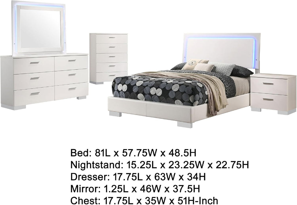 Benzara Sok 5pc Full Bedroom Set, Blue LED Lights, Faux Leather, White Wood