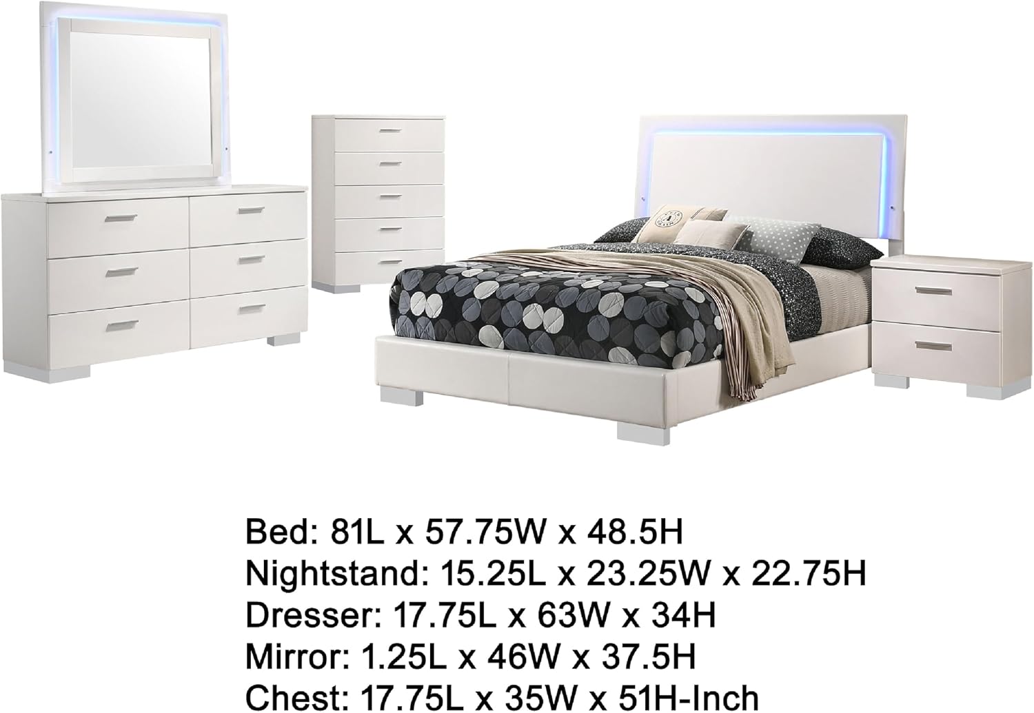 Benzara Sok 5pc Full Bedroom Set, Blue LED Lights, Faux Leather, White Wood