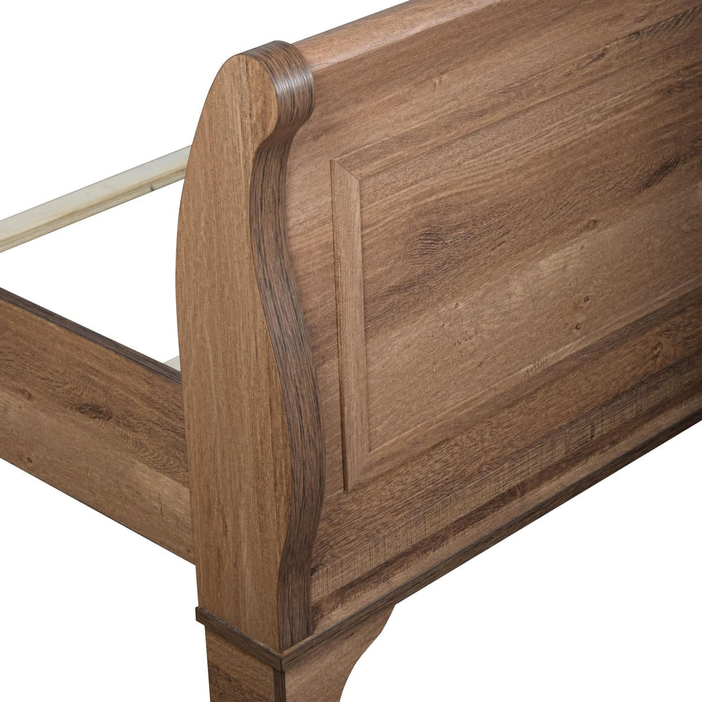 HomeStock Wood Bed Frame with Upholstered Headboard - Pecan Finish - Modern Rustic Bedroom Furniture King