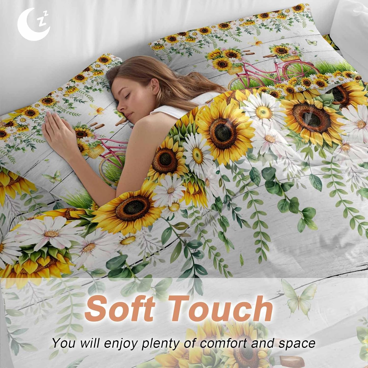 Spring Floral Duvet Cover Set Queen Size 4 Pieces Sunflower Daisy Bike Eucalyptus Leaves Grey Wood Bedding Set with Zipper Closure, 1 Comforter Cover 86x86 Inches 1 Flat Sheet & 2 Pillow Cases