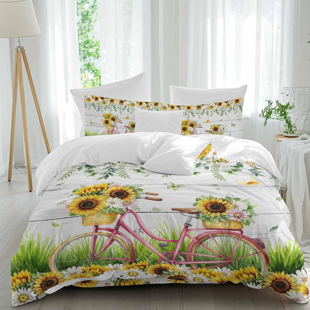 Spring Floral Duvet Cover Set Queen Size 4 Pieces Sunflower Daisy Bike Eucalyptus Leaves Grey Wood Bedding Set with Zipper Closure, 1 Comforter Cover 86x86 Inches 1 Flat Sheet & 2 Pillow Cases