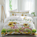 Spring Floral Duvet Cover Set Queen Size 4 Pieces Sunflower Daisy Bike Eucalyptus Leaves Grey Wood Bedding Set with Zipper Closure, 1 Comforter Cover 86x86 Inches 1 Flat Sheet & 2 Pillow Cases
