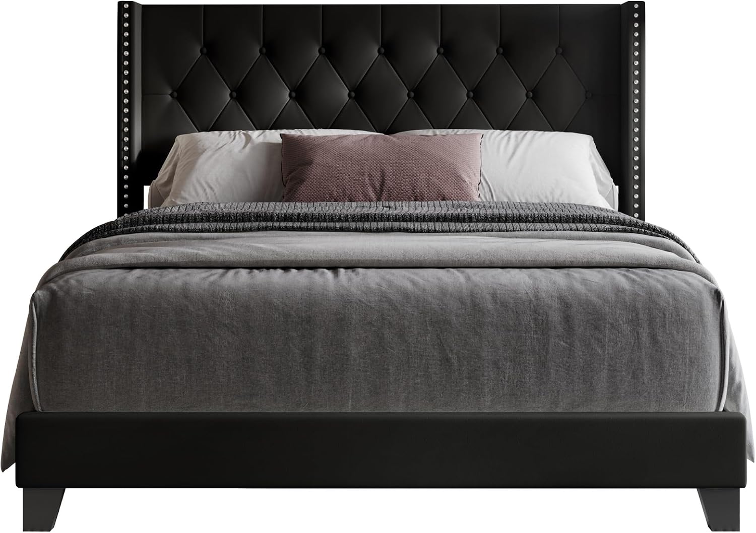 HOME DESIGN Homer Twin Tufted Wingback Upholstered Panel Bed with 2 Matching 1 Drawer Nightstands, Bedroom Furniture Set with Open Shelf Storage, Black Black