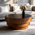 31.5' Black Round Coffee Table, Round Coffee Table with Sintered Stone Tabletop and MDF with Wood Veneer Tiered Base, Modern Low Profile Circle Cocktail Tea Table for Living Room
