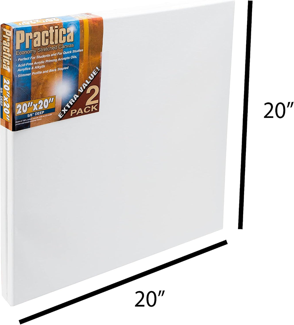 Practica Economy Stretched Cotton Canvas 20-Pack, 20x20 - Acid-Free Acrylic Primed Canvas for Acrylics, Pastels, Graphite, & More!