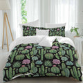 Summer Botanical Duvet Cover Set Queen Size 4 Pieces Tropical Saguaro Opuntia Green Cactus Black Bedding Set with Zipper Closure, 1 Comforter Cover 92x106 Inches 1 Flat Sheet & 2 Pillow Cases