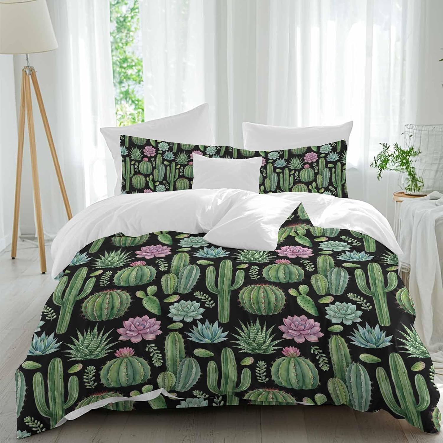Summer Botanical Duvet Cover Set Queen Size 4 Pieces Tropical Saguaro Opuntia Green Cactus Black Bedding Set with Zipper Closure, 1 Comforter Cover 92x106 Inches 1 Flat Sheet & 2 Pillow Cases