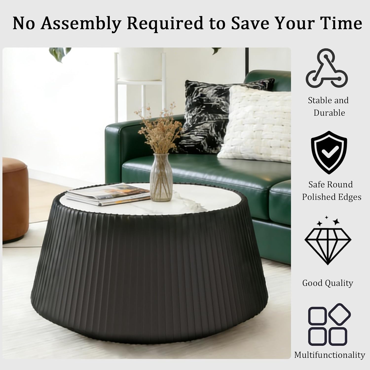 26.77' Black Round Coffee Table, Drum Coffee Table with Sintered Stone Tabletop and Fluted PU Leather Covered and Stable Base, Circle Cocktail Tea Table for Living Room
