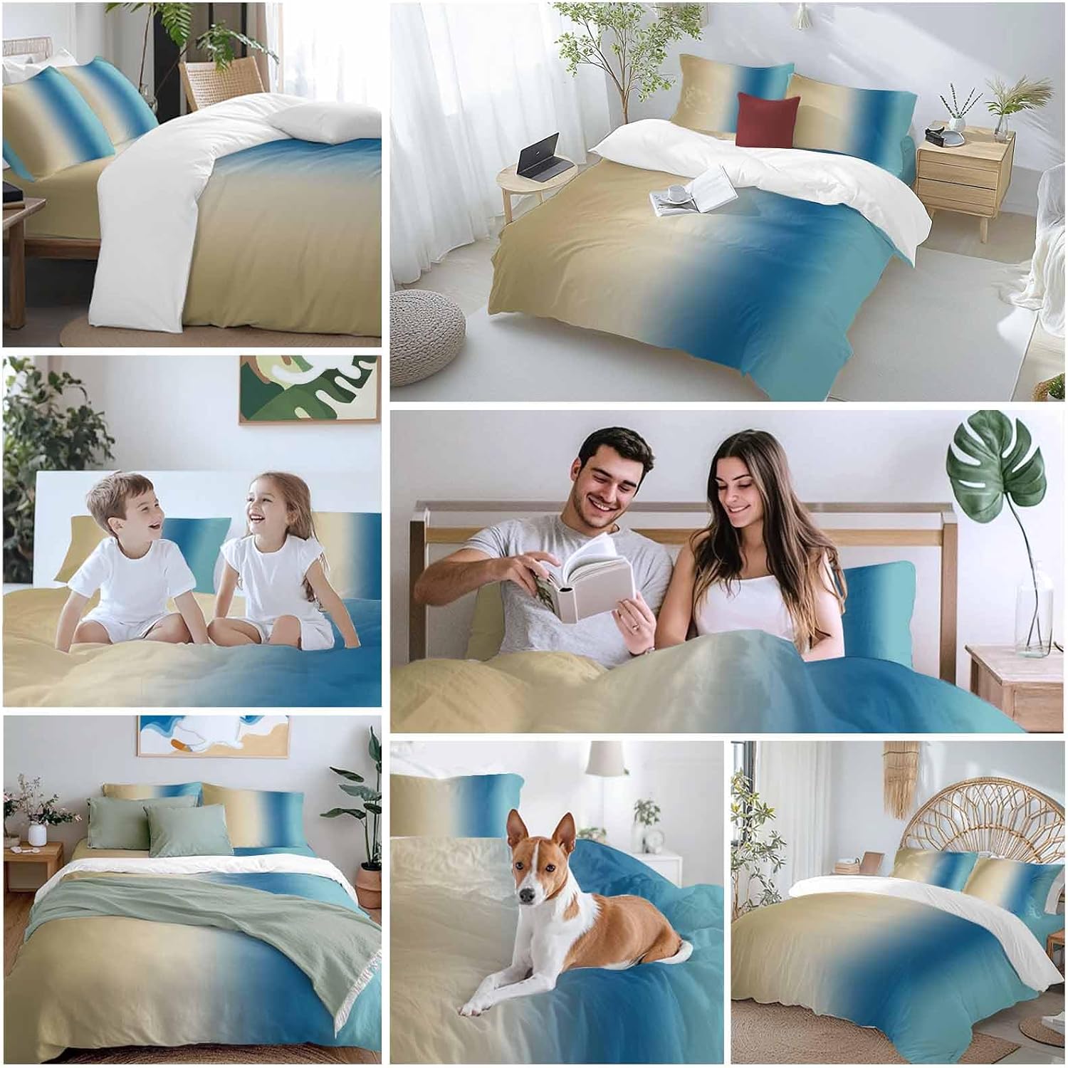 Gradient Brown Blue Duvet Cover Set Queen Size 4 Pieces Modern Abstract Minimalist Beige Ocean Beach Bedding Set with Zipper Closure, 1 Comforter Cover 86x86 Inches 1 Flat Sheet & 2 Pillow Cases