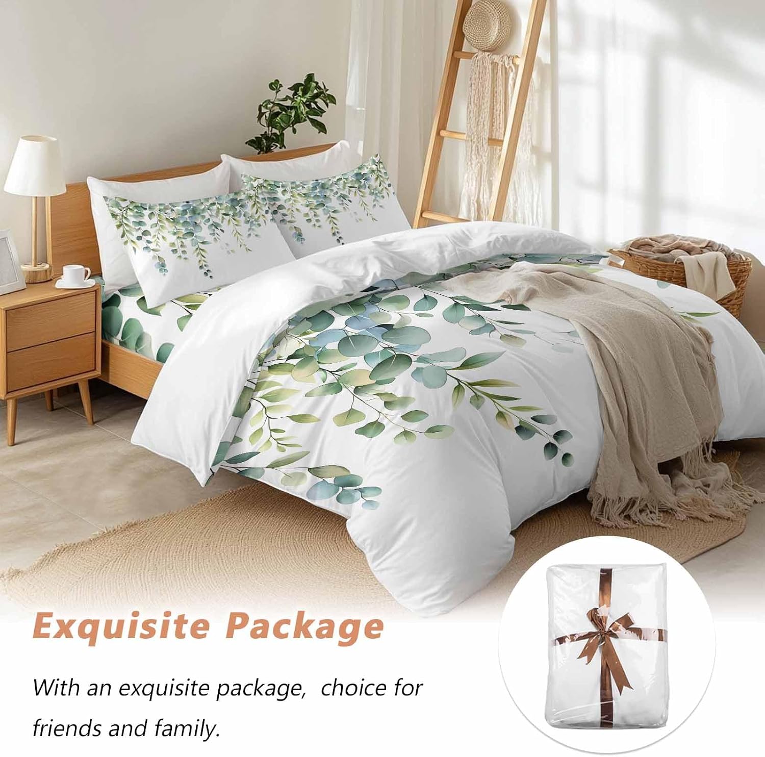 Prime Leader Green Leaves Duvet Cover Set Queen Size 4 Pieces Eucalyptus Leaf Watercolor Plant Botanical Bedding Set with Zipper Closure, 1 Comforter Cover 92x106 Inches 1 Flat Sheet & 2 Pillow Cases