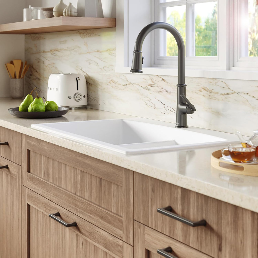 Karran QT-710 33 Inch Top Mount Double Bowl Kitchen Sink, 50/50 Low Divide Quartz Composite Drop-In Sink, Rear Drain, Heat and Scratch Resistant, White
