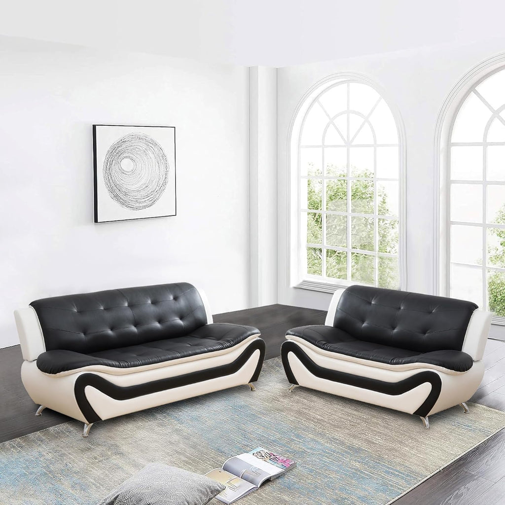 Contemporary Living Room Furniture Set, Vegan Leather Sofa Set for Living Room/House/Bedroom/Office/Apartment (Black&White, Sofa&Loveseat)