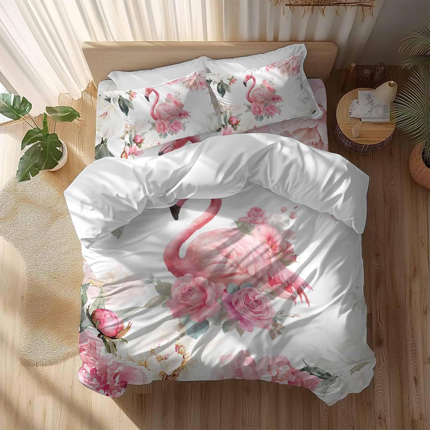 Prime Leader Flamingos Rose Duvet Cover Set Queen Size 4 Pieces Pink Watercolor Floral Spring Nature Bedding Set with Zipper Closure, 1 Comforter Cover 92x106 Inches 1 Flat Sheet & 2 Pillow Cases