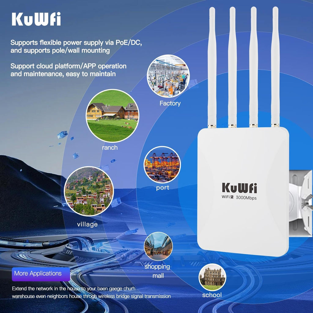 KuWFi 2.5Gbps AX3000 Outdoor WiFi 6 Extender, Long Range Outdoor WiFi Extender Signal Booster, IP65 Weatherproof Outdoor Wireless Access Point/Repeater with PoE for Farm, Yard, RV, Starlink