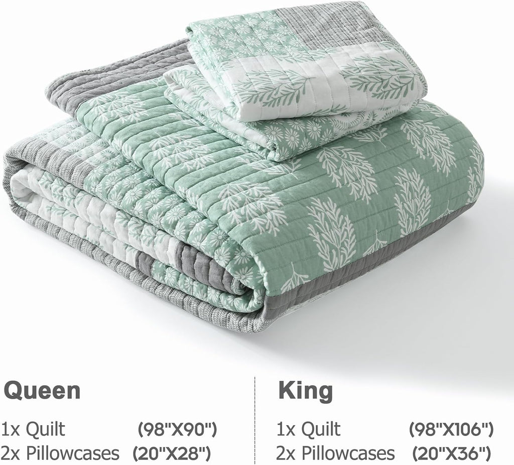Finlonte King Size Quilt, 100% Cotton Comforter King Size, Green Grey Farmhouse Quilted Bedspread, Patchwork Lightweight Reversible Quilt Bedding Set for King Bed, 3-Pieces