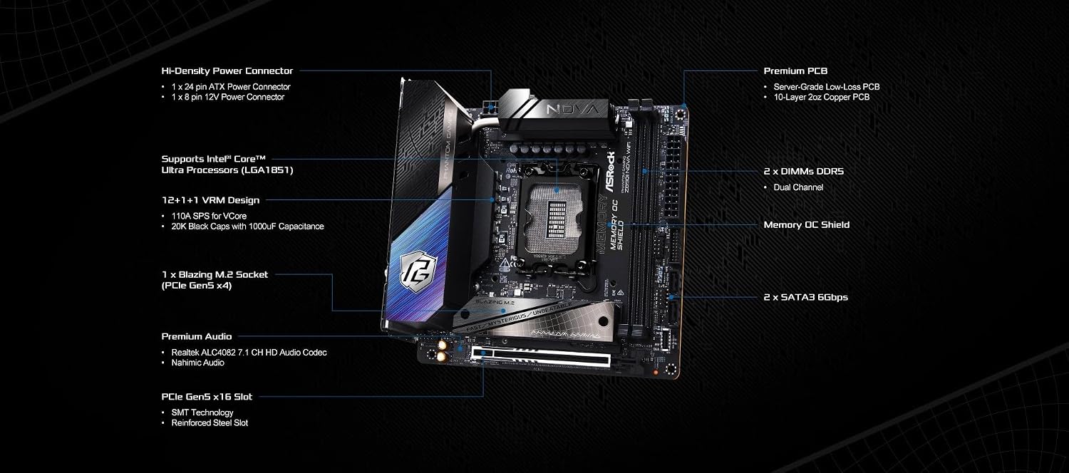 ASRock Intel Core Ultra Z890 LGA1851 RL-ILM Mini ITX Motherboard Phantom Gaming Z890i Nova WiFi 7 DDR5 9466 MHz 128 GB