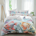 Summer Fish Duvet Cover Set Queen Size 4 Pieces Nautical Watercolor Orange Red Marine Life Coral Seaweed Bedding Set with Zipper Closure, 1 Comforter Cover 92x106 Inches 1 Flat Sheet & 2 Pillow Cases