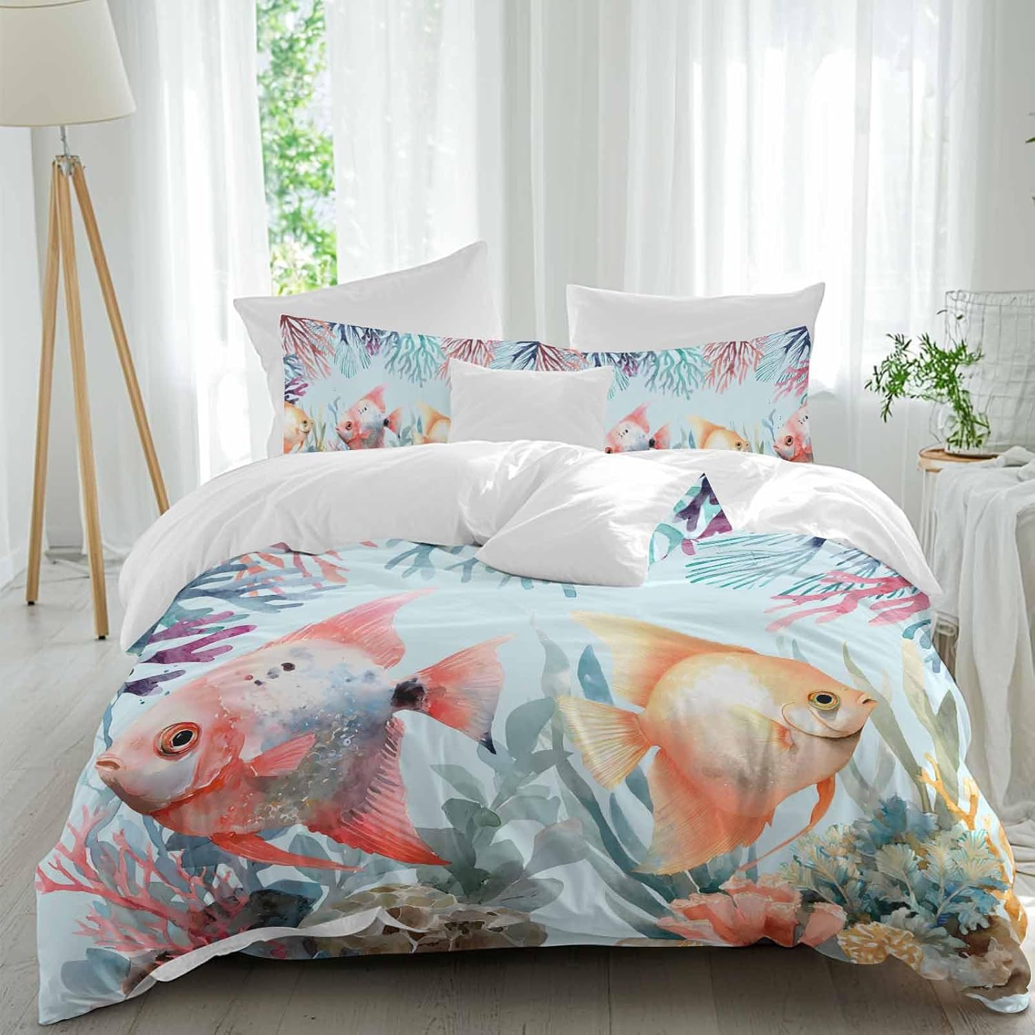 Summer Fish Duvet Cover Set Queen Size 4 Pieces Nautical Watercolor Orange Red Marine Life Coral Seaweed Bedding Set with Zipper Closure, 1 Comforter Cover 92x106 Inches 1 Flat Sheet & 2 Pillow Cases