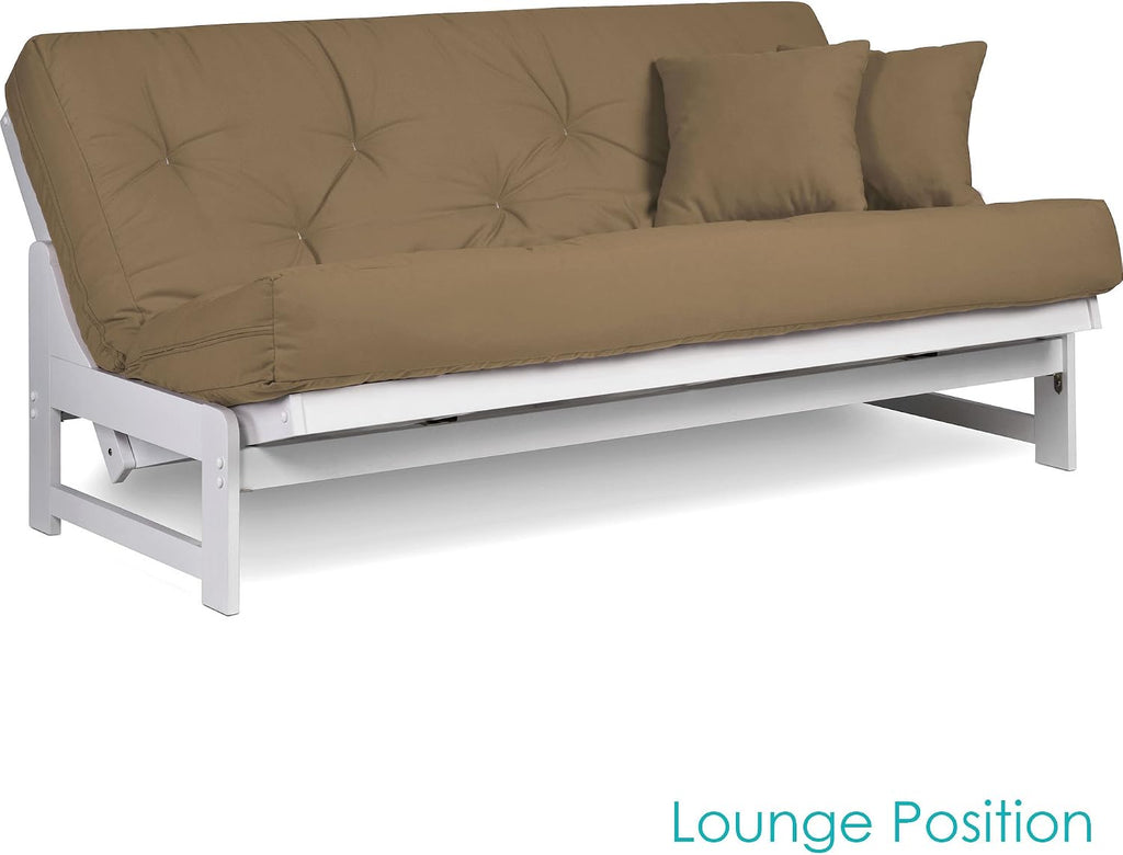 Nirvana Futons Arden White Futon Set Full or Queen Size - Armless Wood Futon Frame with Mattress (Microfiber Sussex Khaki), Space Saving Modern Sofa Bed Sleeper