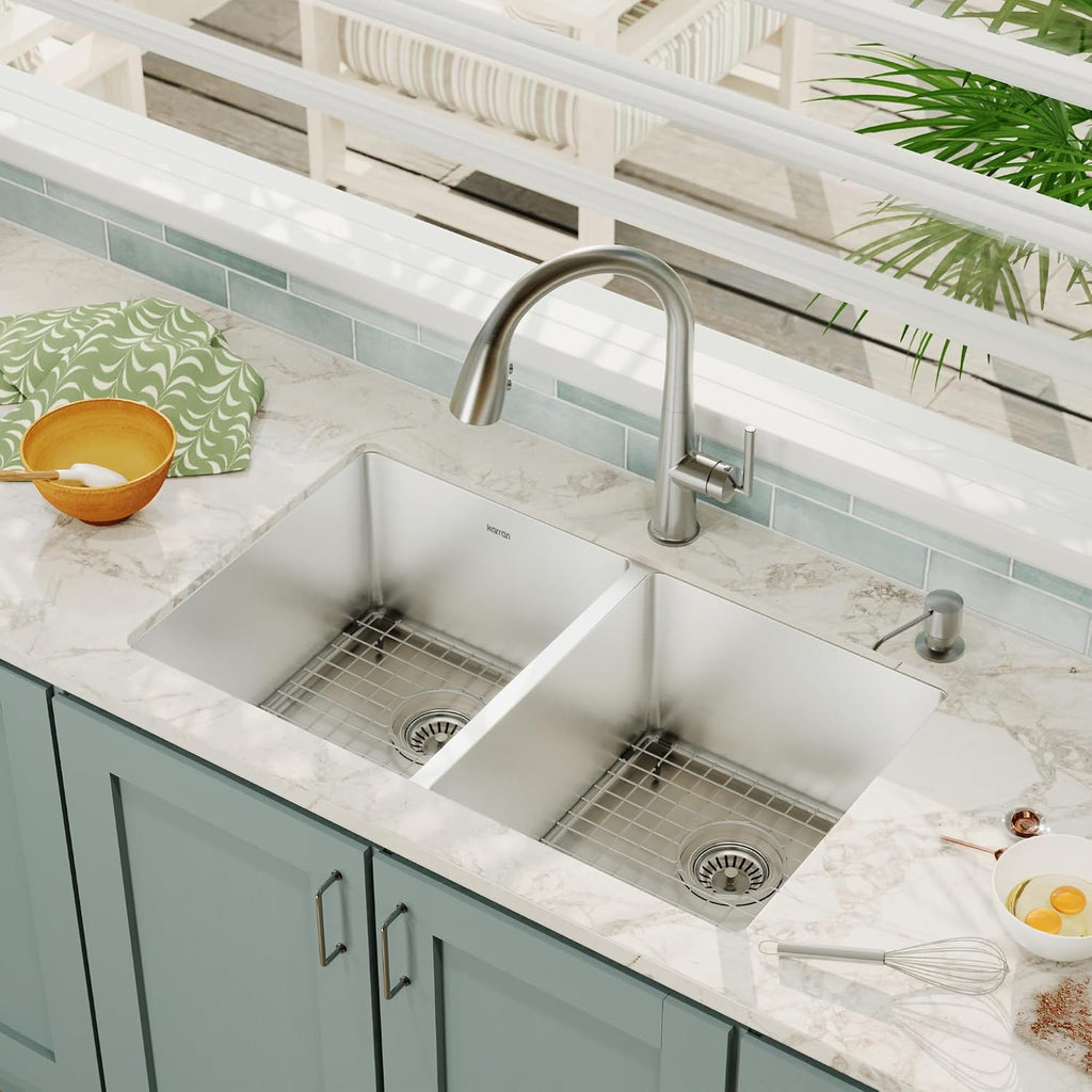 Karran Elite 32-Inch Undermount 16 Gauge Stainless Steel Double Bowl Kitchen Sink with Accessories, 50/50 Equal Bowls, Satin Finish, Sound Dampening