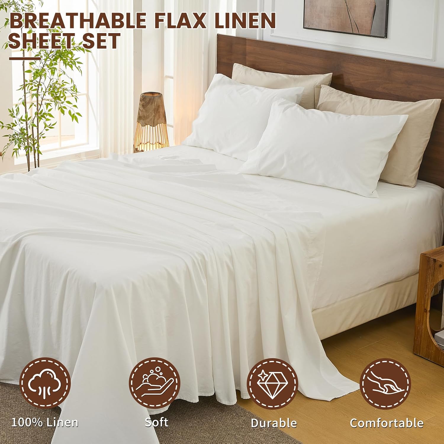 Bedlifes 100% French Flax Linen Sheets Set Queen Size - 6 Piece Extra Deep Pocket 18-24',Soft Breathable Queen Bed Sheets with Temperature Regulating & Moisture-Wicking(White