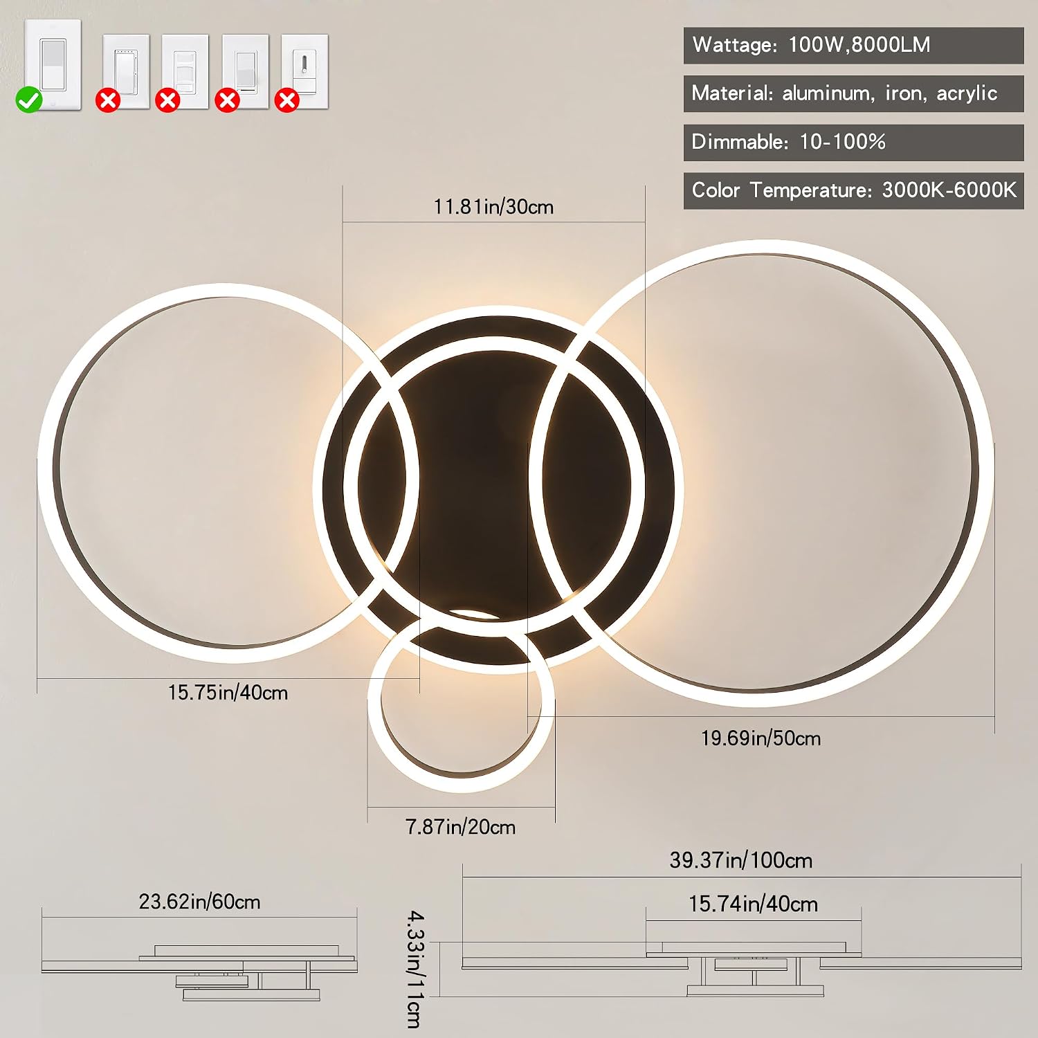 O'NEELDY Flush Mount Modern Ceiling Light Black Led Modern Light Fixtures Ceiling Mount Lights 4 Rings Led Chandelier Lamp Fixture with Remote for Living Room Kitchen Dining Room Bedroom