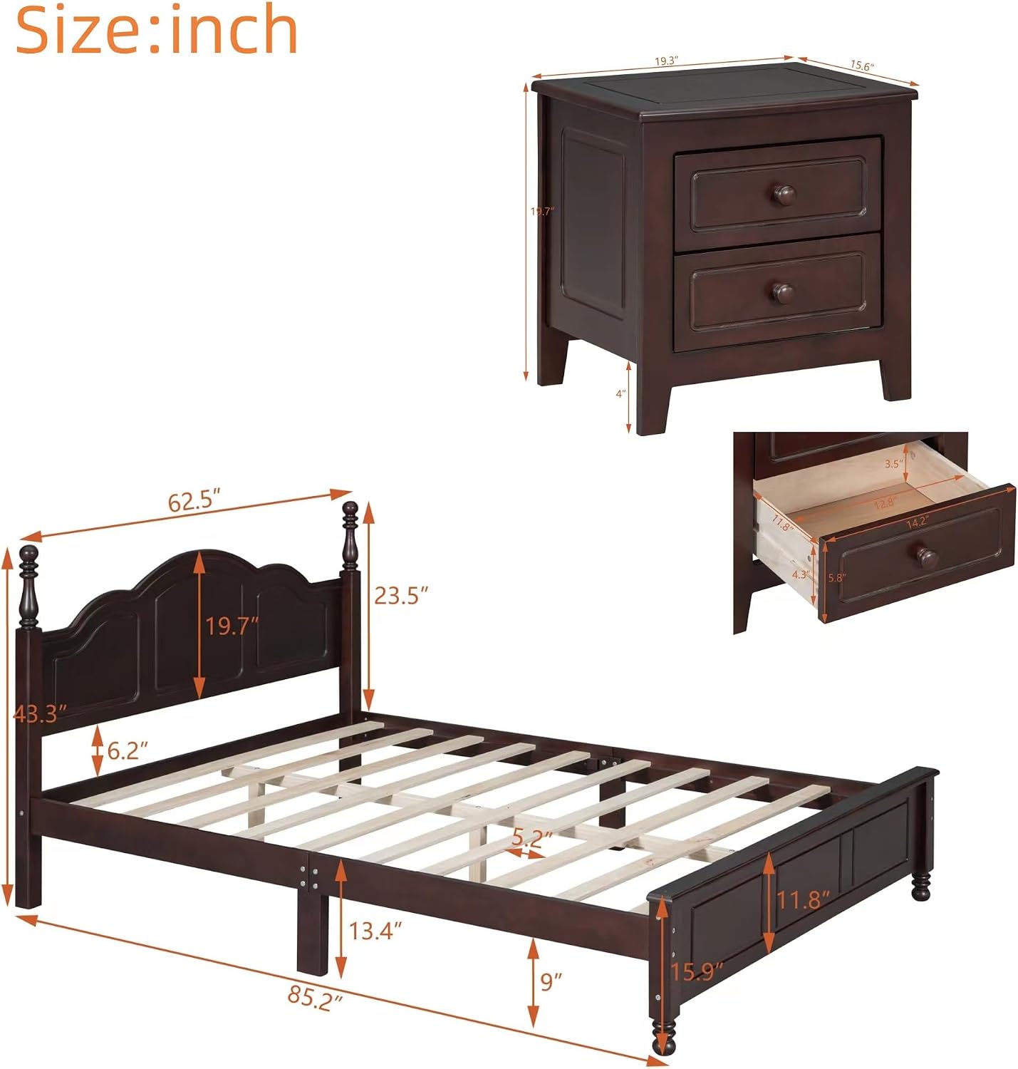 LUMISOL 3 Pieces Bedroom Sets - Queen Size Wood Platform Bed and 2 Nightstands, 3 Piece Queen Bedroom Furniture Set, No Box Spring Needed, Dark Walnut