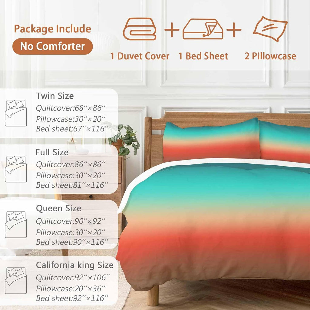 Bohemian Gradient Red Duvet Cover Set Queen Size 4 Pieces Modern Minimalist Green Brown Ocean Beach Bedding Set with Zipper Closure, 1 Comforter Cover 86x86 Inches 1 Flat Sheet & 2 Pillow Cases