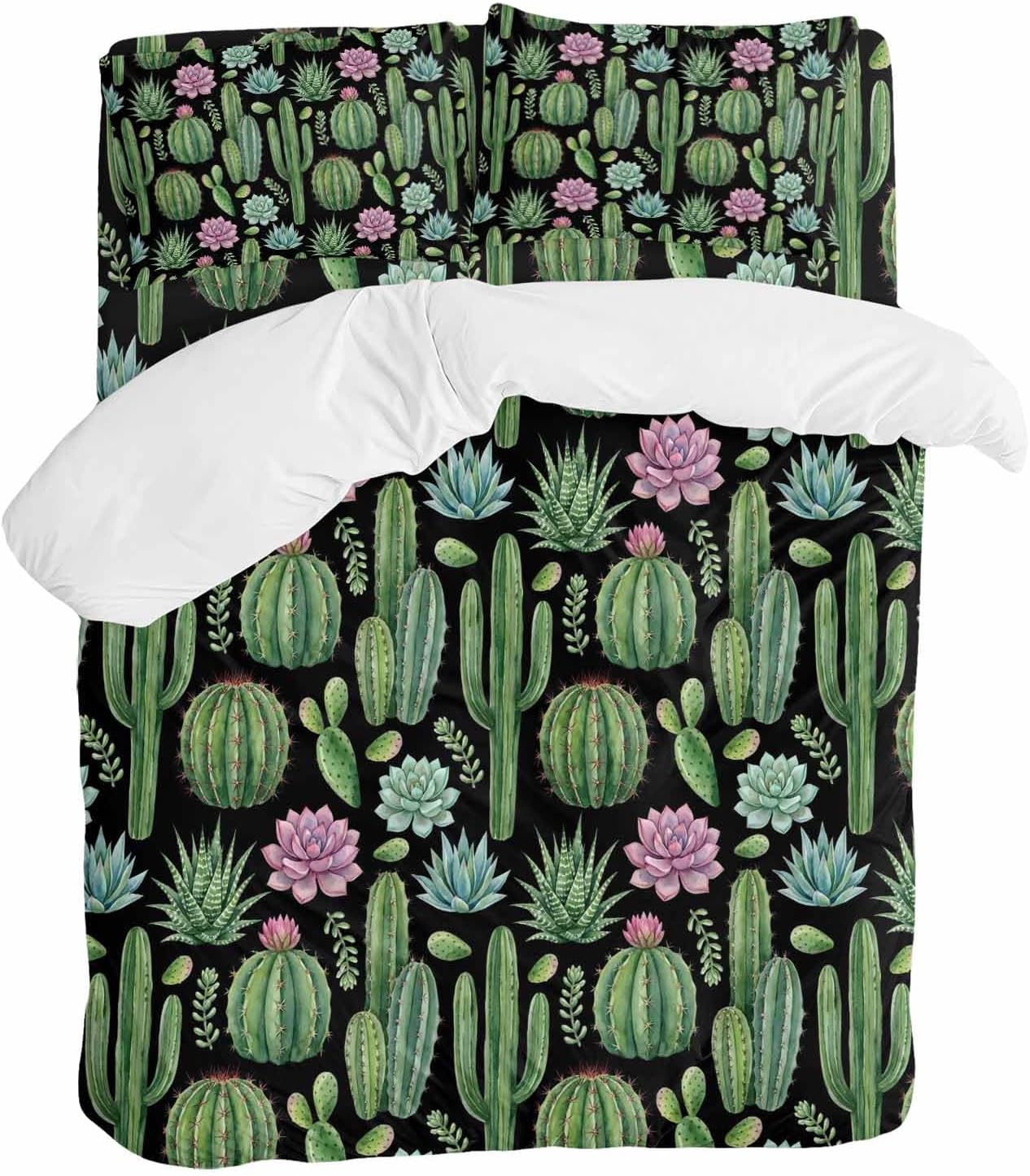 Summer Botanical Duvet Cover Set Queen Size 4 Pieces Tropical Saguaro Opuntia Green Cactus Black Bedding Set with Zipper Closure, 1 Comforter Cover 92x106 Inches 1 Flat Sheet & 2 Pillow Cases