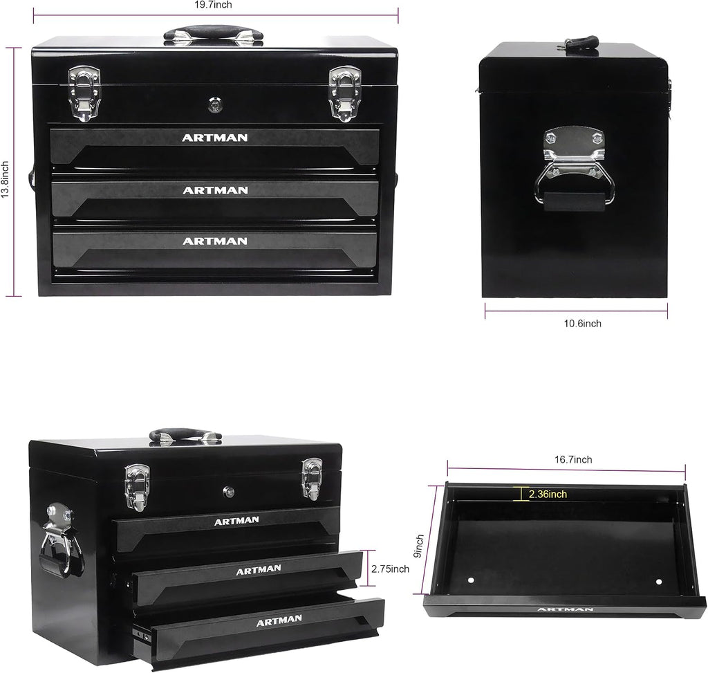 pouseayar Tool Set and Mechanic Tool Set Box with Handle and 3-Drawer Heavy Duty Metal Box - 339 Piece Tool Kits for Adults Mechanics Workshop Maintenance and Repair Projects - Black