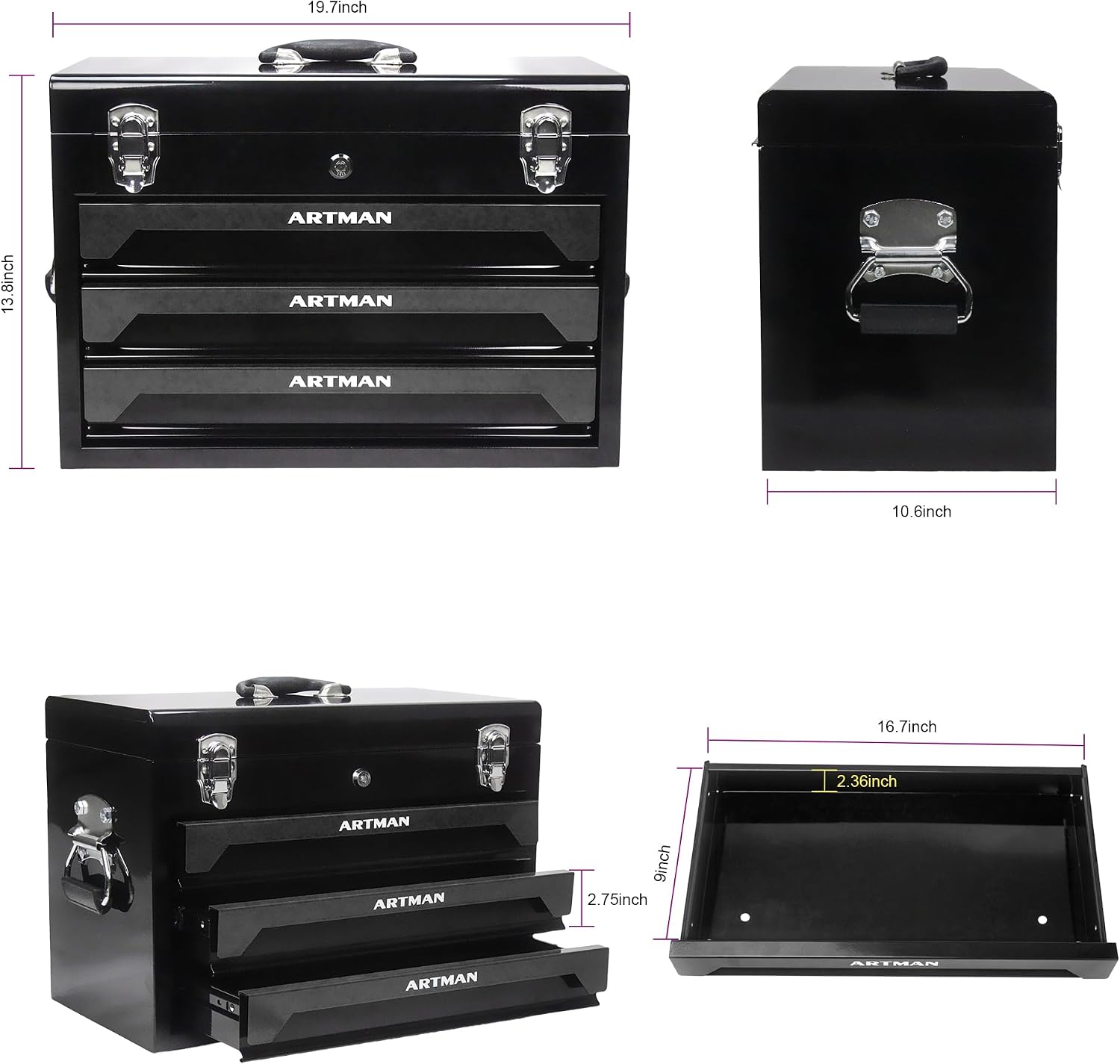 pouseayar Tool Set and Mechanic Tool Set Box with Handle and 3-Drawer Heavy Duty Metal Box - 339 Piece Tool Kits for Adults Mechanics Workshop Maintenance and Repair Projects - Black