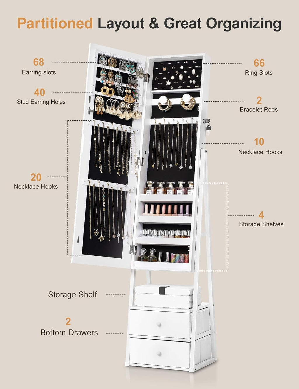Nicetree Jewelry Cabinet Armoire with 2 Drawers, Lockable Standing Mirror Jewelry Cabinet, Full Length Mirror with Jewelry Storage, Gift Idea, Pure White