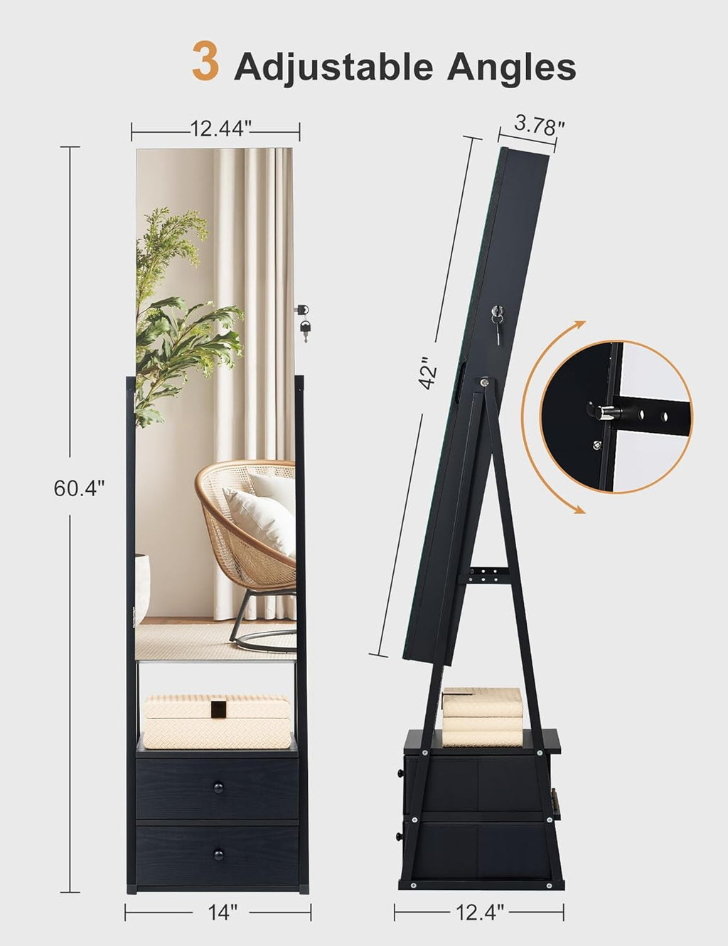 Nicetree Mirror Jewelry Cabinet Standing, Lockable Jewelry Cabinet Armoire with 2 Drawers, Full Length Mirror with Jewelry Storage, Christmas Gifts, Black