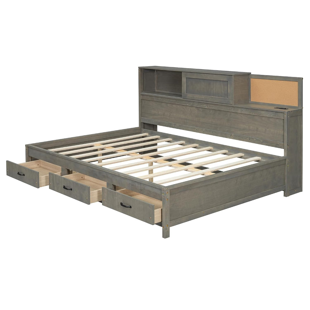 Ball & Cast Full Size Wooden Daybed with 3 Storage Drawers and Upper Soft Board,Versatile Day Bed w/a Set of Sockets & USB Ports,Bedroom Furniture for Apartment,Guest Room,Gray