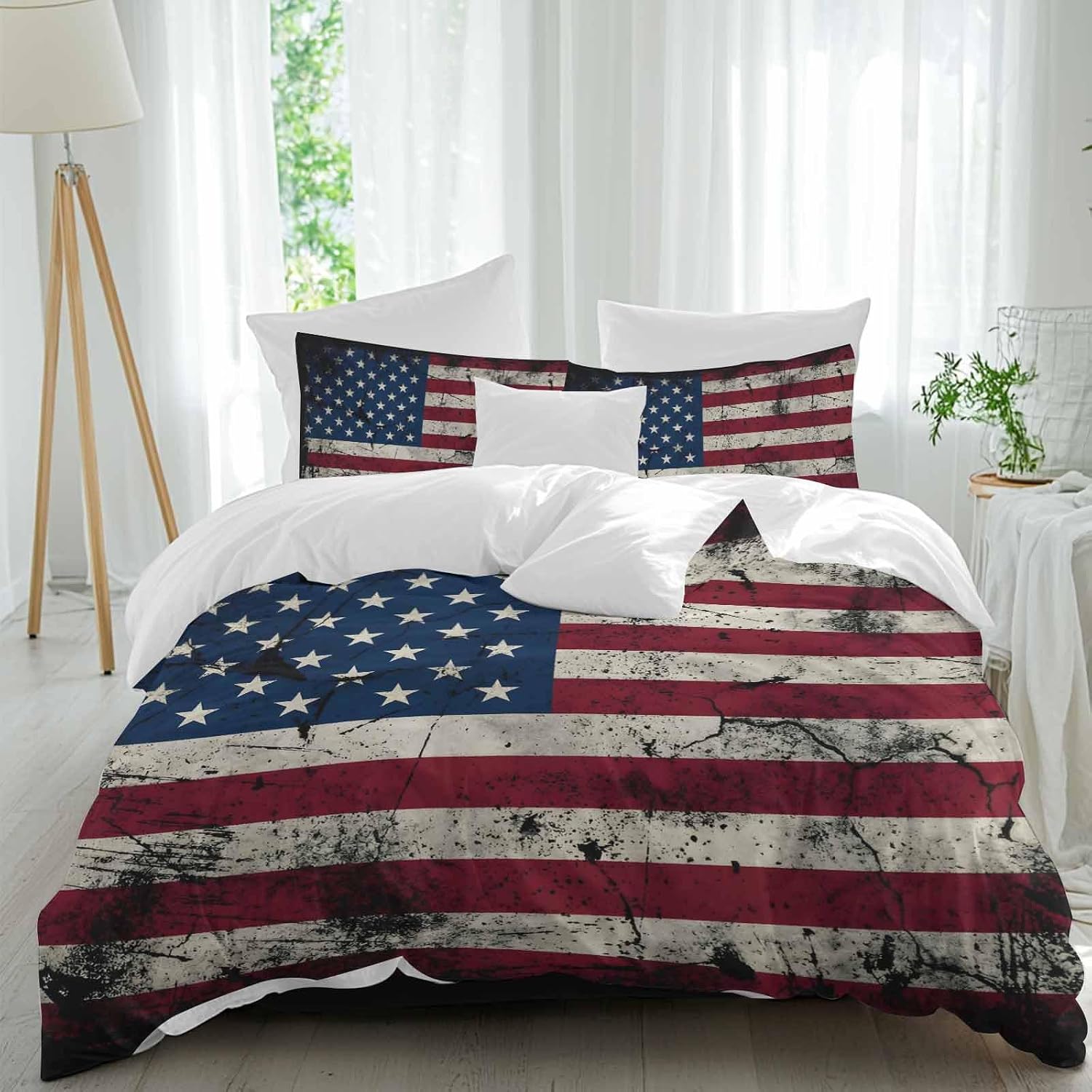 Prime Leader Independence Day Duvet Cover Set Queen Size 4 Pieces Mottled U. S. Flag Shabby Chic Vintage Bedding Set with Zipper Closure, 1 Comforter Cover 92x106 Inches 1 Flat Sheet & 2 Pillow Cases