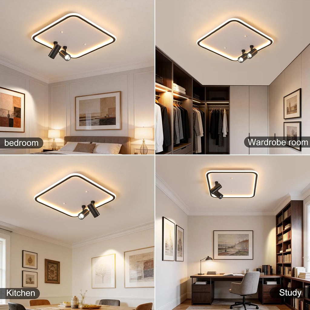 Shine LUEST Modern Square LED Flush Mount Ceiling Light Fixture, 2 Adjustable Spotlights, Black Frame White Shade Minimalist Lighting for Living Room Bedroom Kitchen