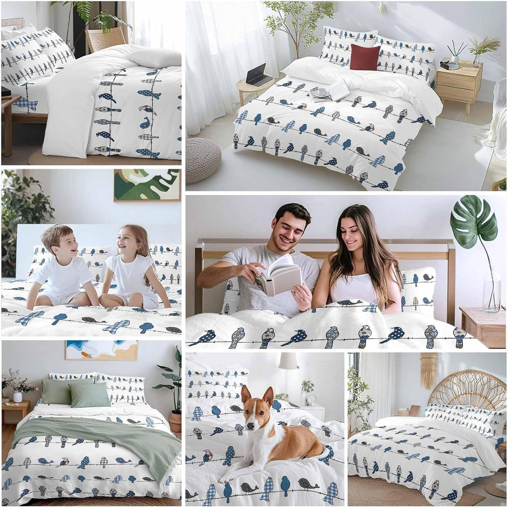 Prime Leader Birds on the Wire Blue Grey Duvet Cover Set Queen Size 4 Pieces Bedding Set with Zipper Closure, 1 Comforter Cover 92x106 Inches 1 Flat Sheet & 2 Pillow Cases