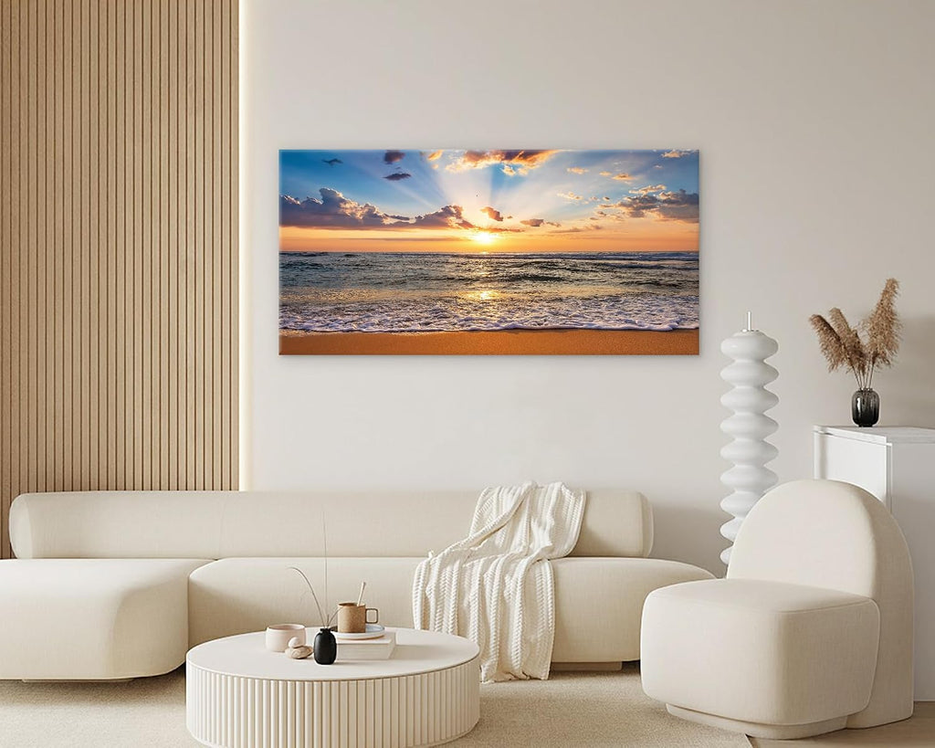 Muolunna BK1898 Wall Art Decor Large Canvas Print Picture Sunrise Ocean Beach 1 Panel Waves Scenery Painting Artwork for Office Wall Decor Home Decoration Stretched and Framed Ready to Hang