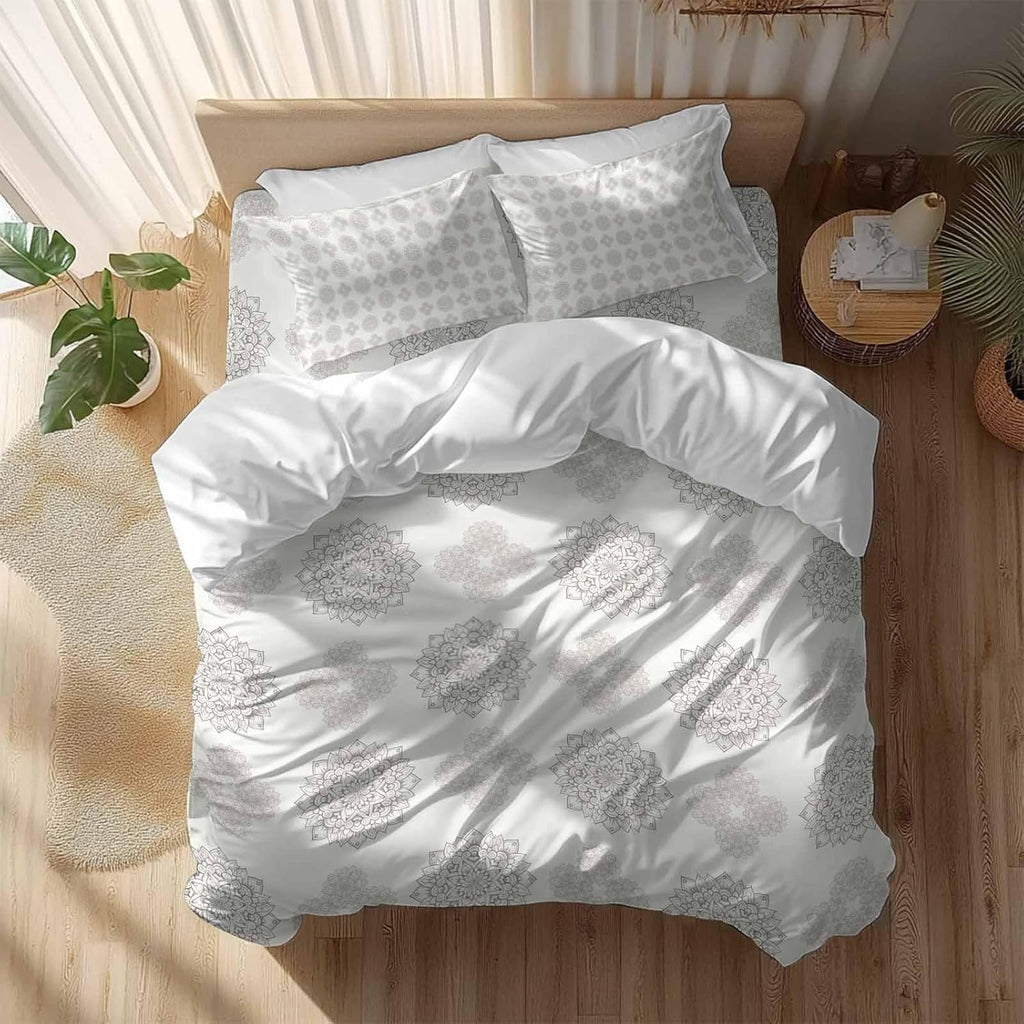 Grey Boho Flower Duvet Cover Set Queen Size 4 Pieces Abstract Bosemia Geometric Graphic Rustic Country Bedding Set with Zipper Closure, 1 Comforter Cover 92x106 Inches 1 Flat Sheet & 2 Pillow Cases