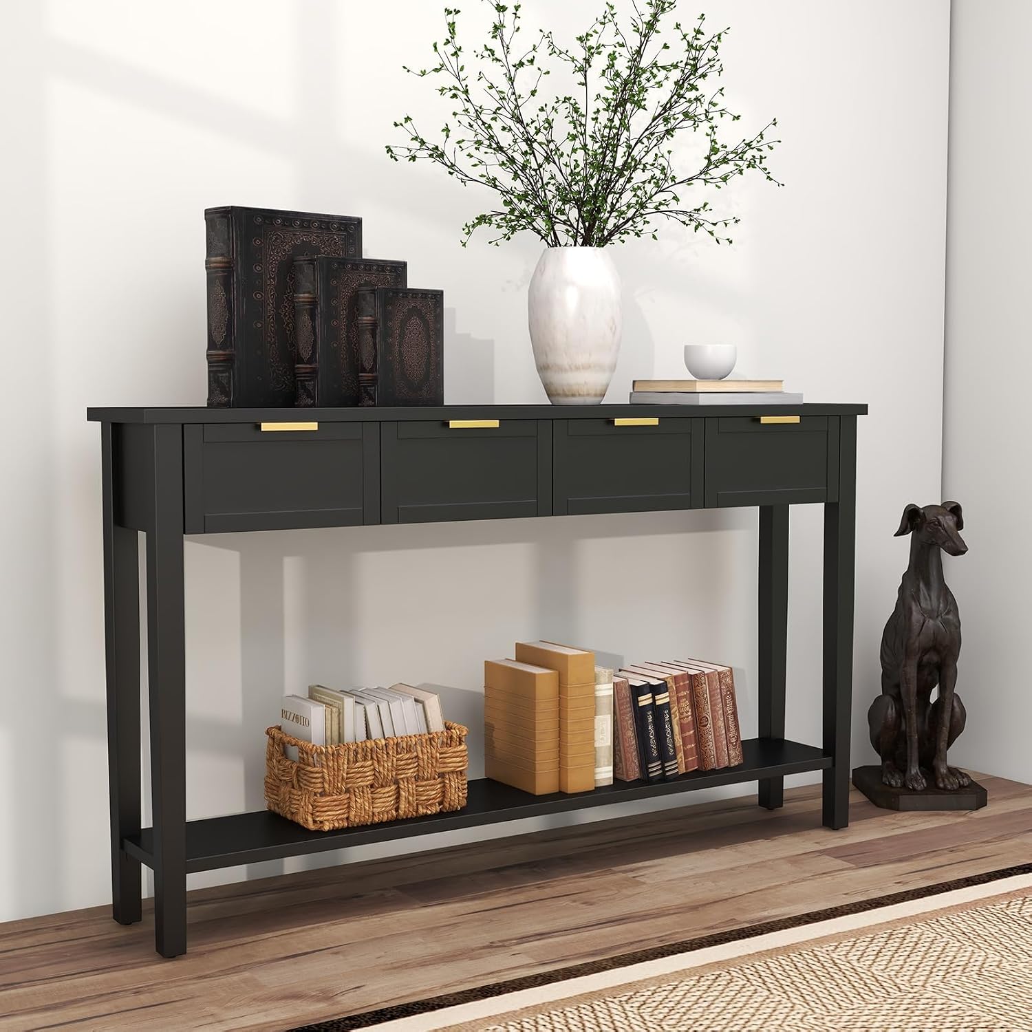 kinbor Long Console Table - 2-Tier Narrow Sofa Table with Open Shelf & 4 Drawers, Modern Narrow Console Table Entryway Table with Storage for Entryway Living Room Bedroom Kitchen, Black