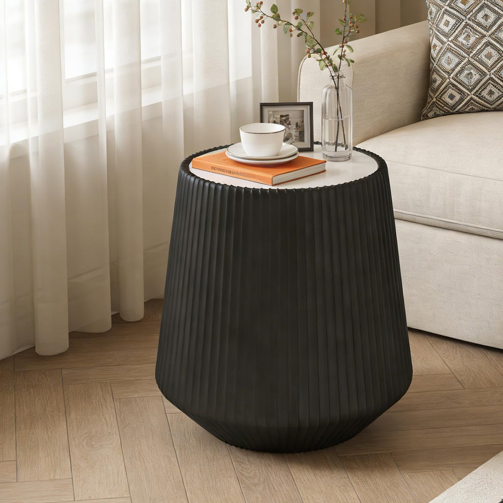 19.68' Black Round Coffee Table, Drum Coffee Table with Sintered Stone Tabletop and Fluted PU Leather Covered and Stable Base, Circle Cocktail Tea Table for Living Room