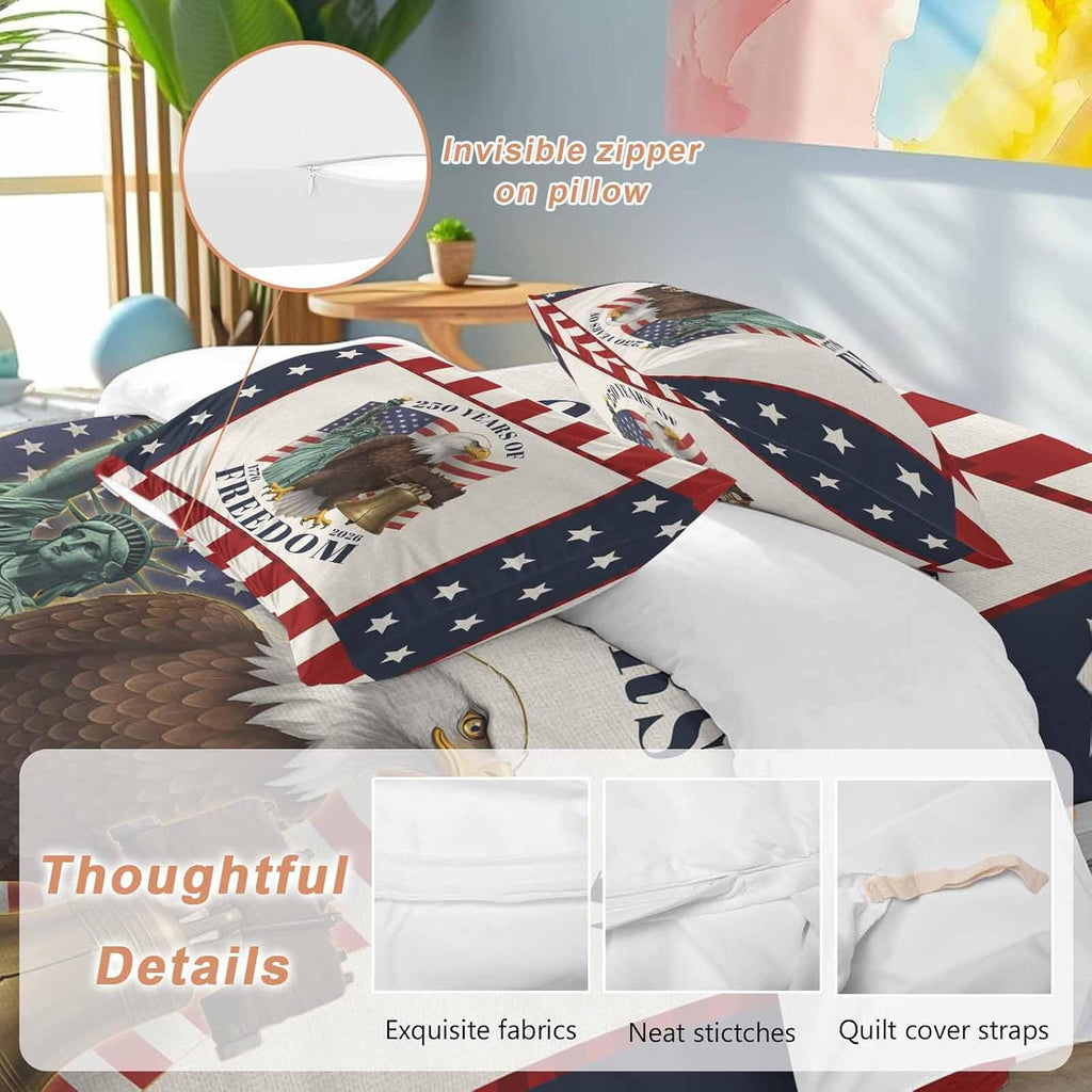250 Years of Freedom Duvet Cover Set Queen Size 4 Pieces Independence Day Bald Eagle Star Stripe Bedding Set with Zipper Closure, 1 Comforter Cover 90x92 Inches 1 Flat Sheet & 2 Pillow Cases