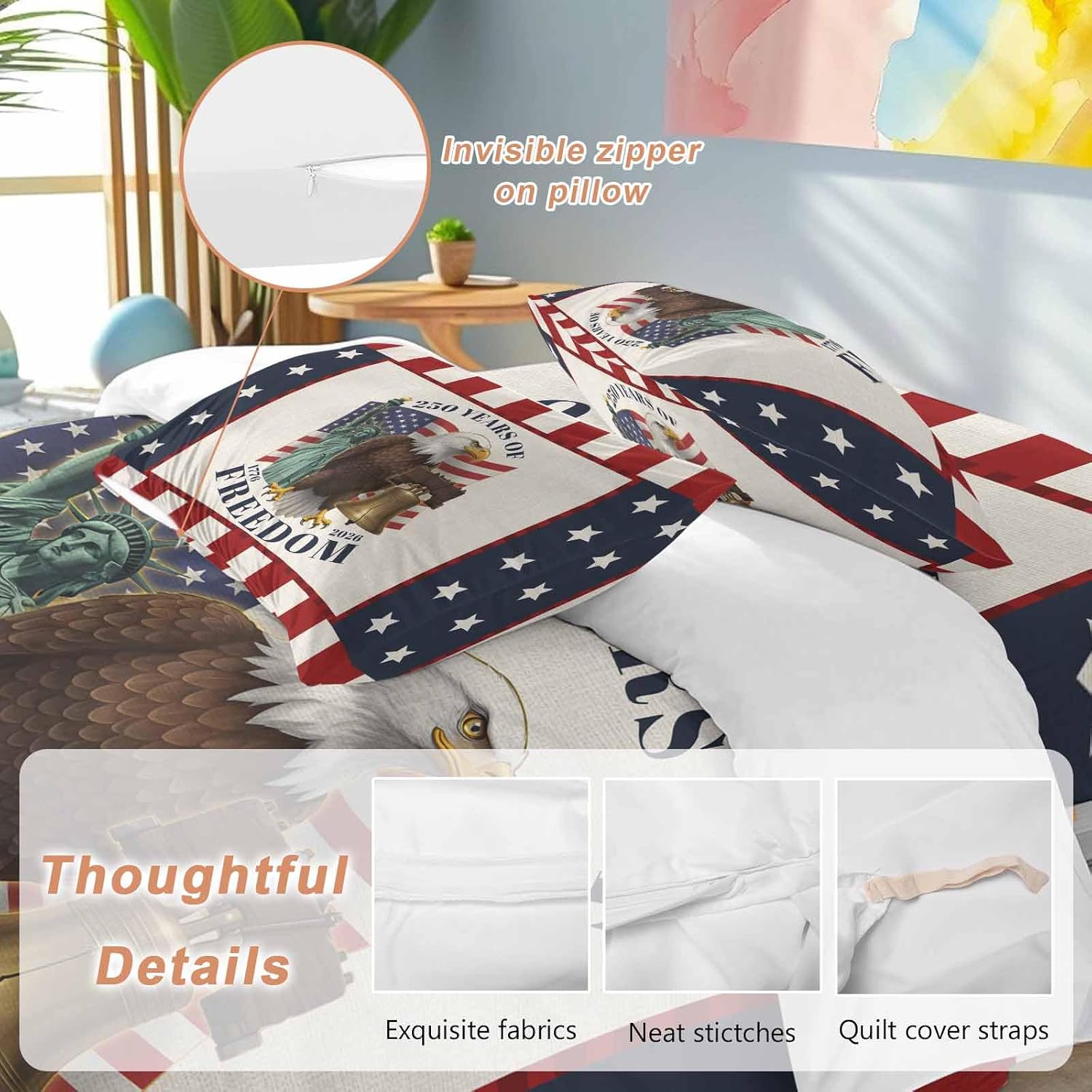 250 Years of Freedom Duvet Cover Set Queen Size 4 Pieces Independence Day Bald Eagle Star Stripe Bedding Set with Zipper Closure, 1 Comforter Cover 90x92 Inches 1 Flat Sheet & 2 Pillow Cases